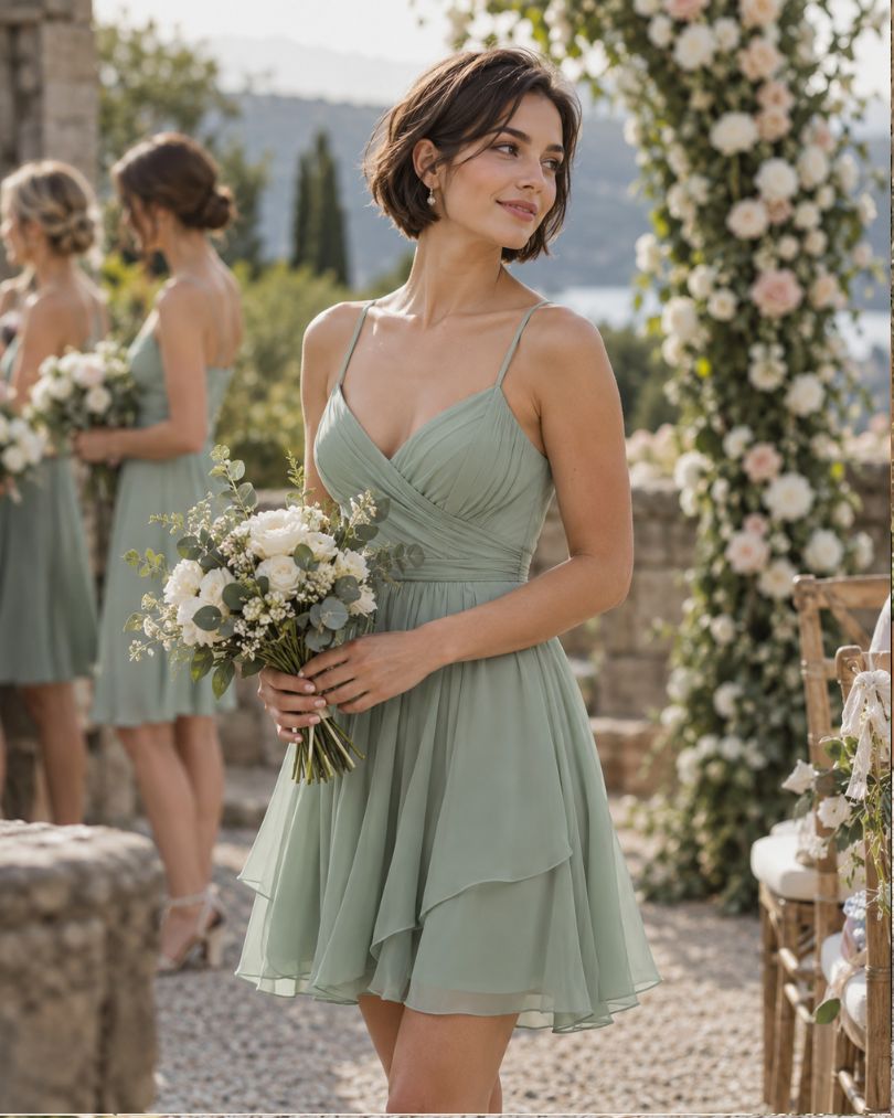 Bridesmaid with short dark hair wearing a short sage green dress and holding a white flower bouquet at an outdoor wedding