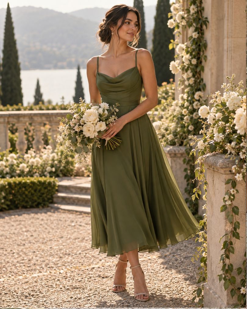 Bridesmaid wearing an olive green midi dress and holding a white flower bouquet at an elegant outdoor wedding