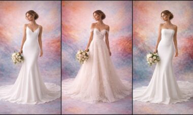 Three modern wedding dresses showcasing minimalist and lace styles, including spaghetti straps, off-the-shoulder lace, and strapless silhouettes for contemporary brides