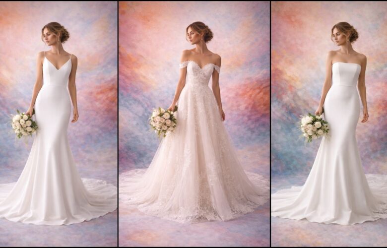 Three modern wedding dresses showcasing minimalist and lace styles, including spaghetti straps, off-the-shoulder lace, and strapless silhouettes for contemporary brides