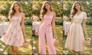 Elegant daytime formal outfits for women – floral dress, pastel jumpsuit and midi skirt suitable for a daytime wedding, christening or garden party