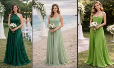 Collage of bridesmaids wearing green dresses in different shades, including emerald, sage, and light green, at garden and beach wedding ceremonies