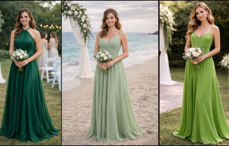 Collage of bridesmaids wearing green dresses in different shades, including emerald, sage, and light green, at garden and beach wedding ceremonies