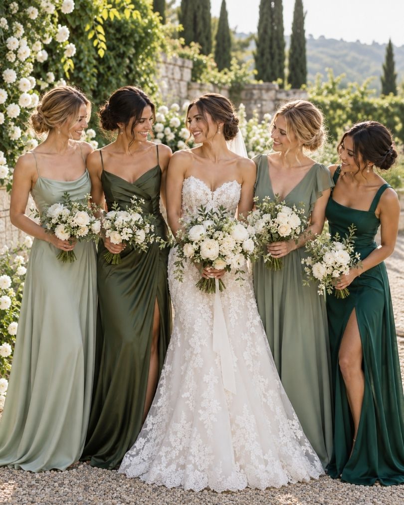 Bride with bridesmaids wearing sage green, olive green and emerald green bridesmaid dresses at an outdoor wedding