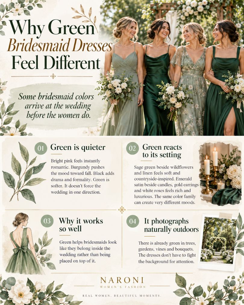 Infographic explaining why green bridesmaid dresses work well for weddings, with sage and emerald green bridesmaid dress examples