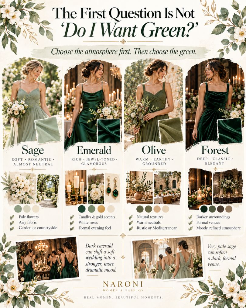 Guide to choosing green bridesmaid dress shades including sage, emerald, olive and forest green for different wedding styles
