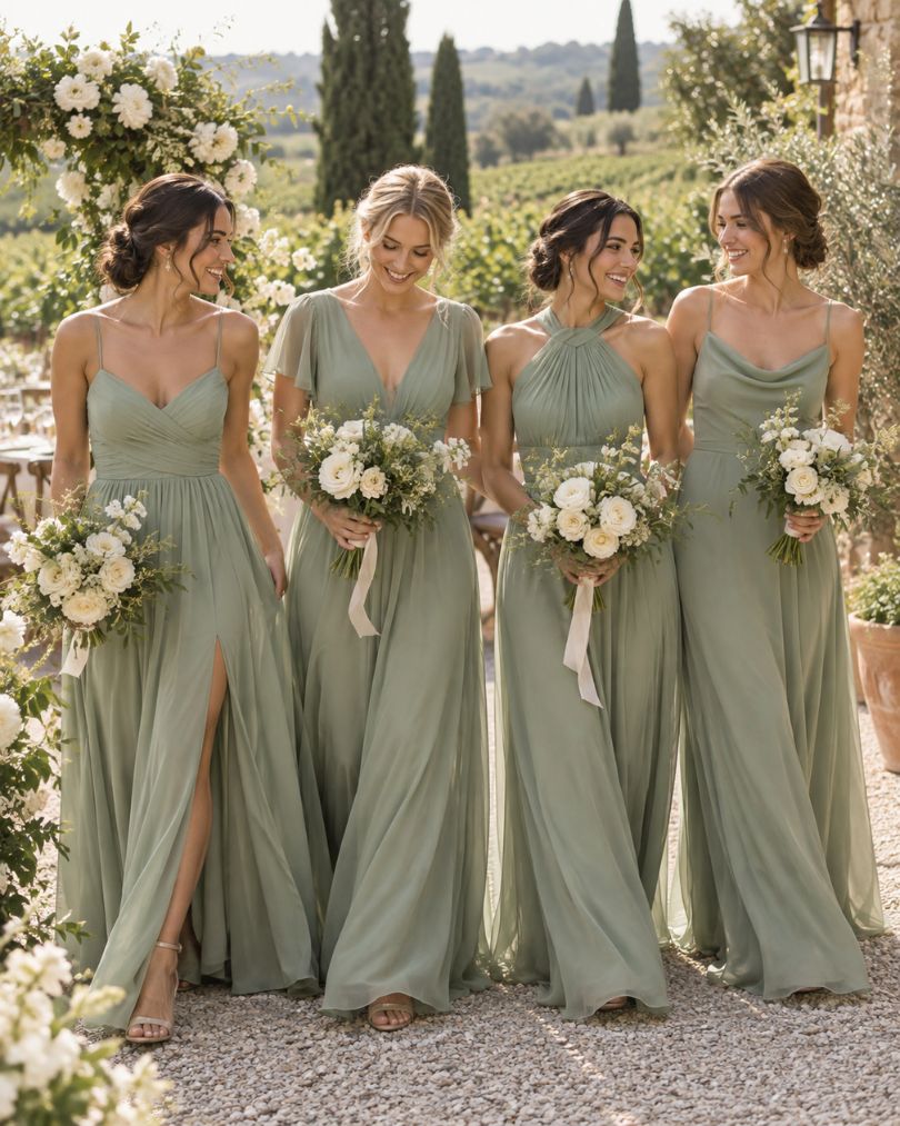 Four bridesmaids wearing different styles of sage green dresses with white flower bouquets at an outdoor wedding
