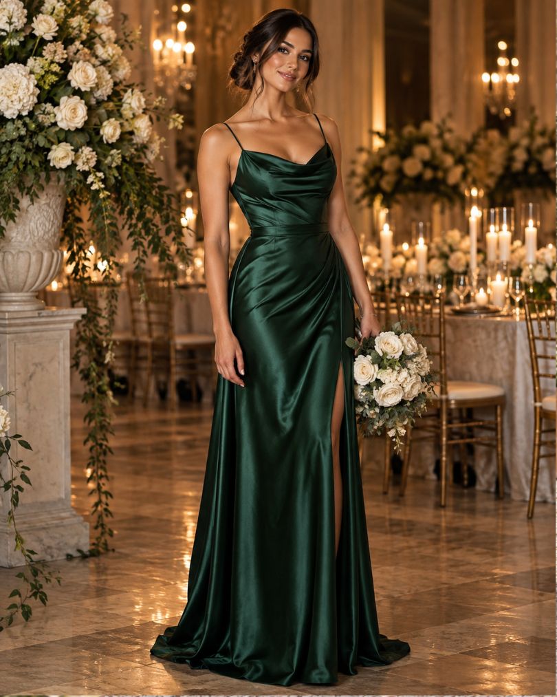 Bridesmaid wearing a floor-length emerald green satin dress with a white flower bouquet at an elegant indoor wedding