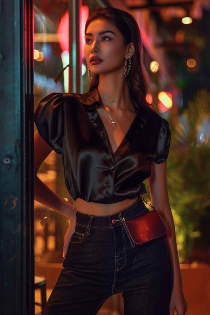 Black satin blouse paired with dark high-waisted jeans creating a chic and confident evening outfit for women