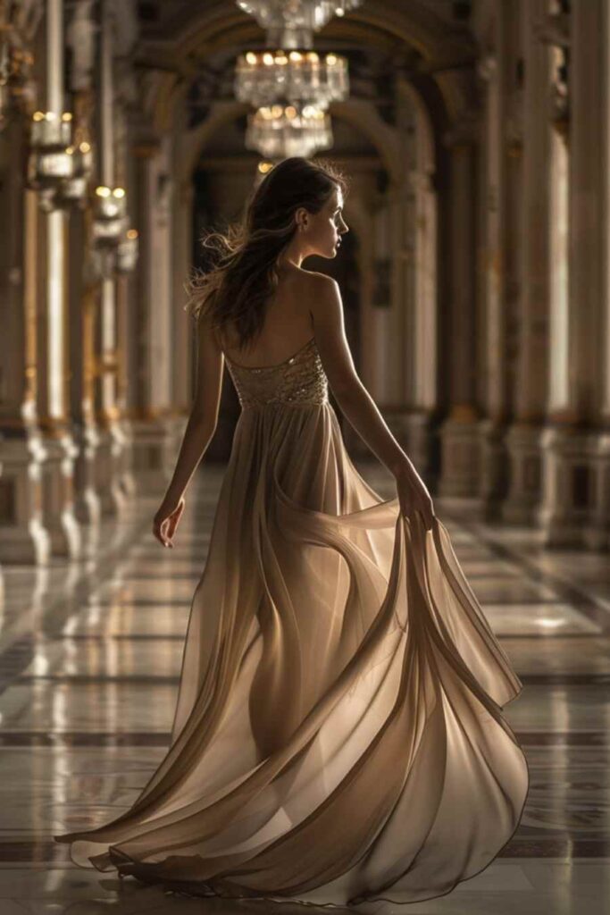 Flowy champagne evening gown with soft fabric movement, styled for an elegant formal event in a luxury setting