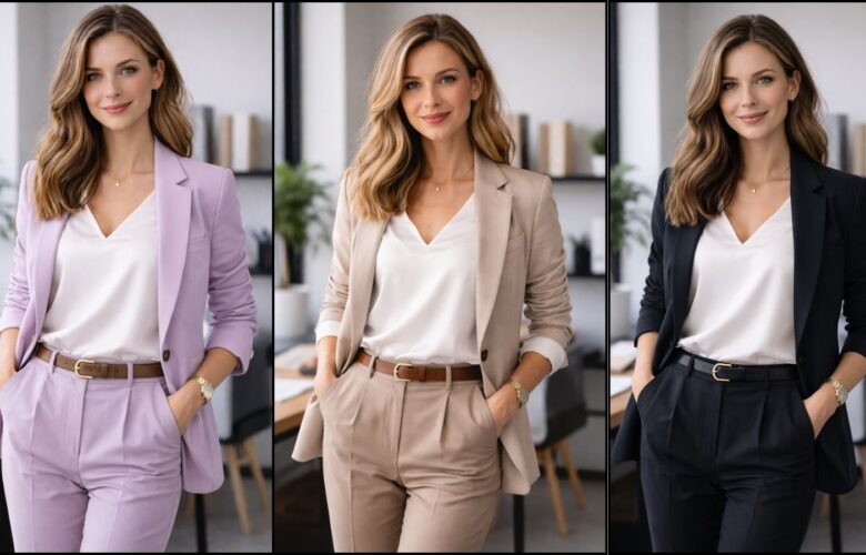 Business casual outfits for women featuring blazer looks in neutral and pastel colors