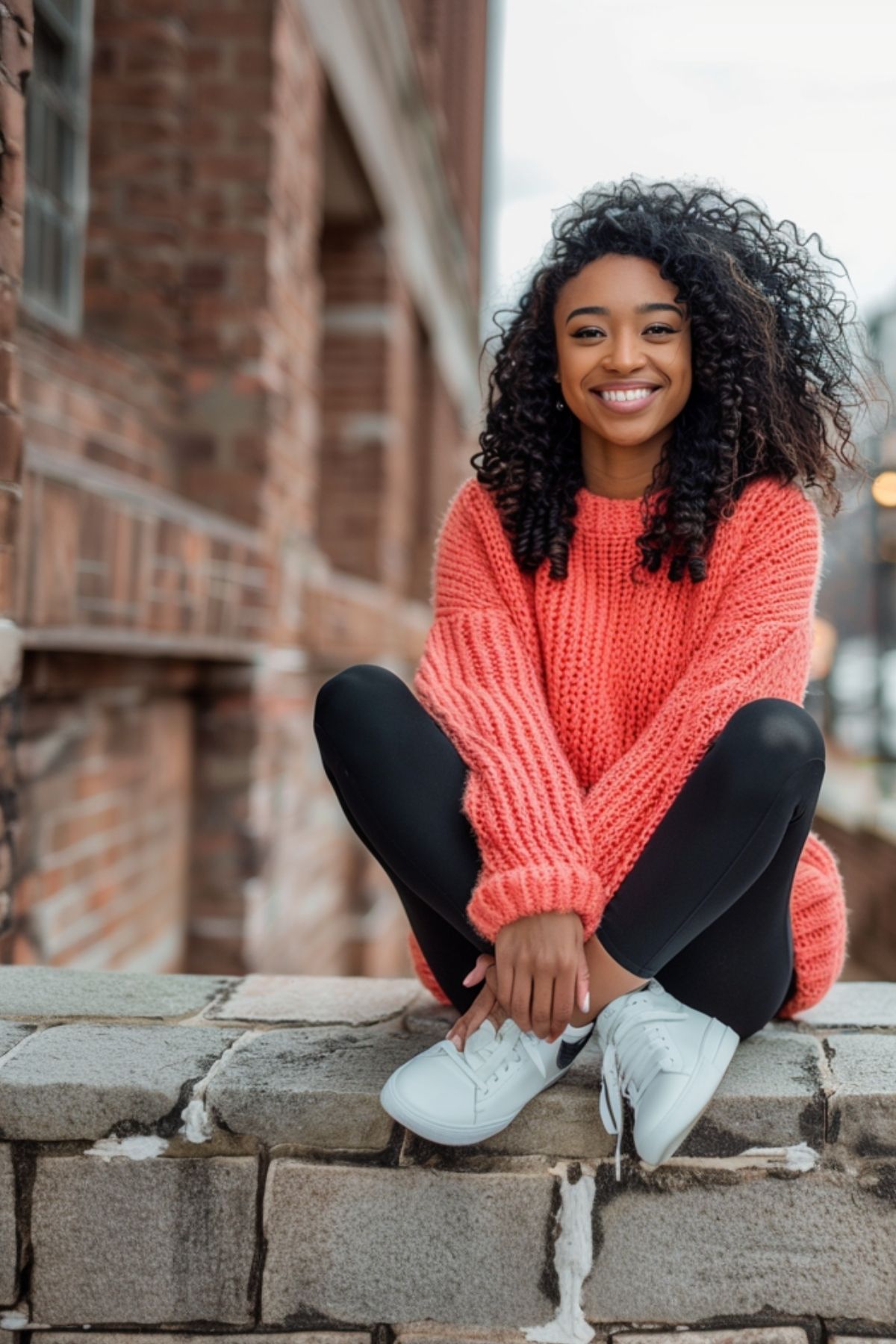 Woman wearing black leggings with a red knit sweater and white sneakers in a casual city outfit