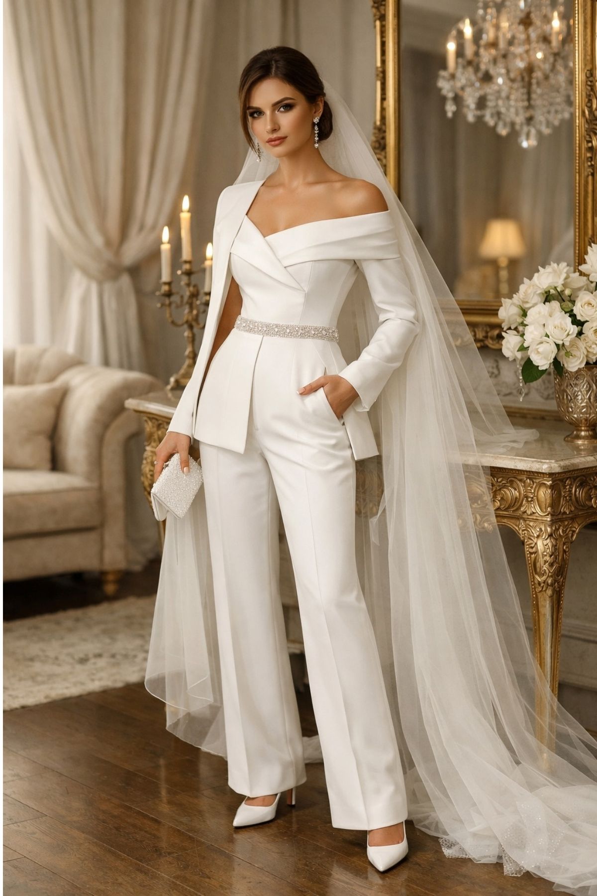 Bride wearing tailored white wedding pants with an off-the-shoulder structured blazer and a long bridal veil