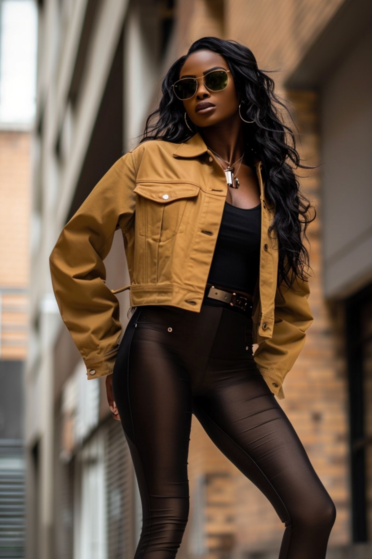 Woman wearing black leggings with a cropped brown jacket in a modern urban outfit
