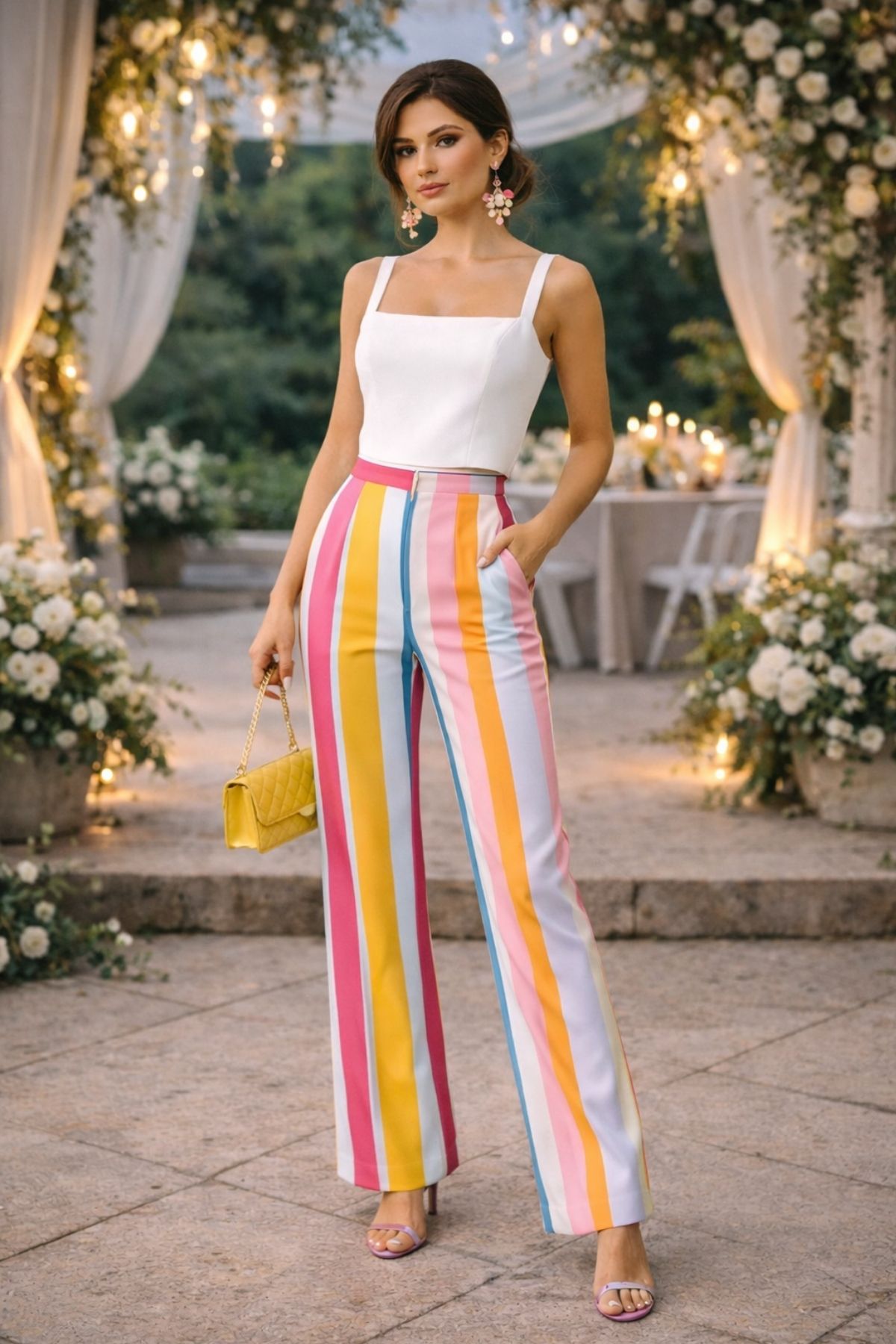 Wedding guest outfit with colorful striped pants and white top for a modern summer wedding