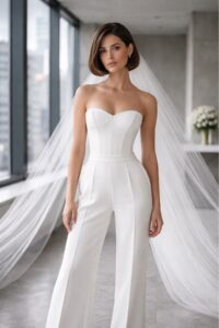 Modern bride wearing white wedding pants with a strapless corset top and a long flowing veil
