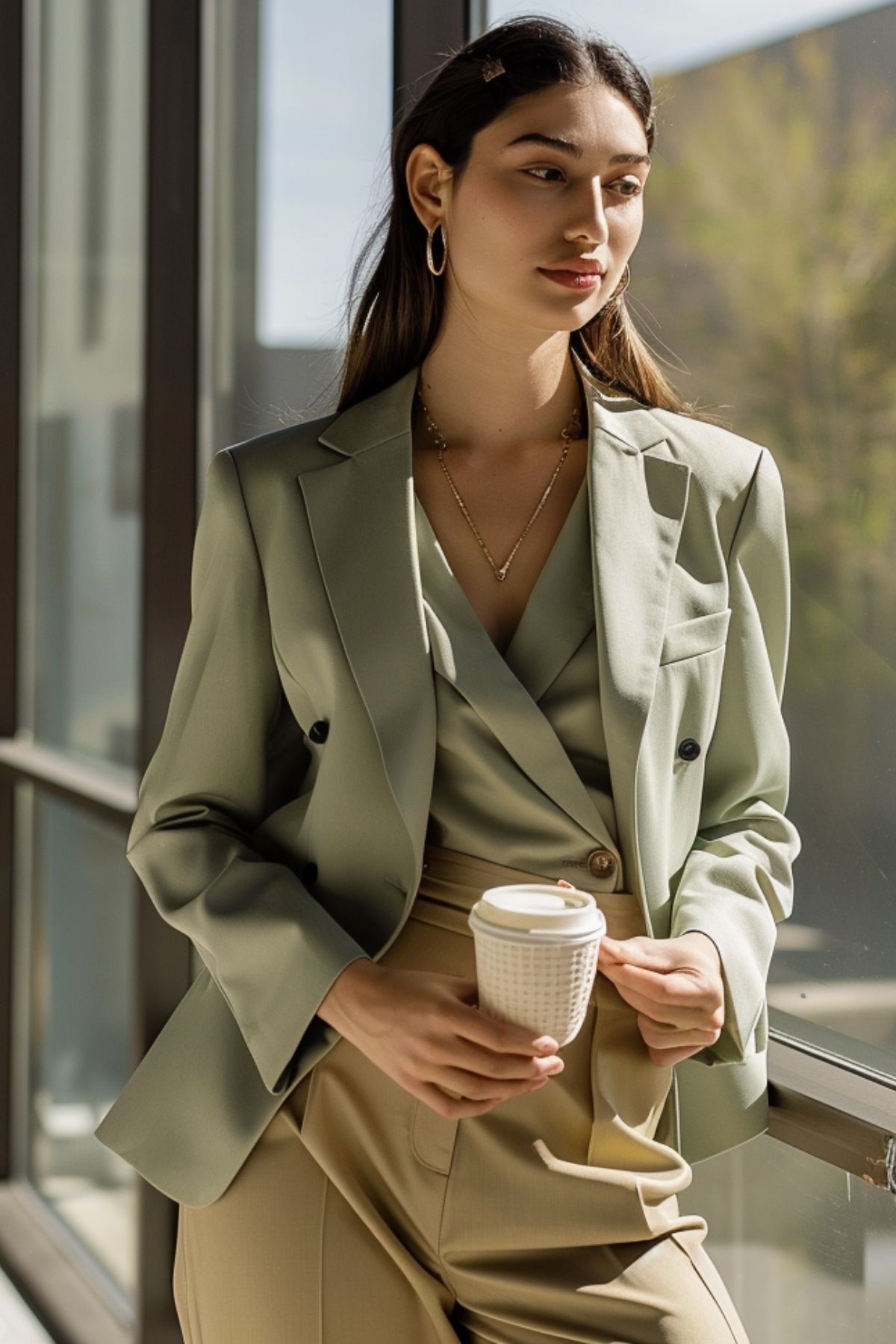 Soft green blazer layered over a matching top with beige trousers for a modern work outfit
