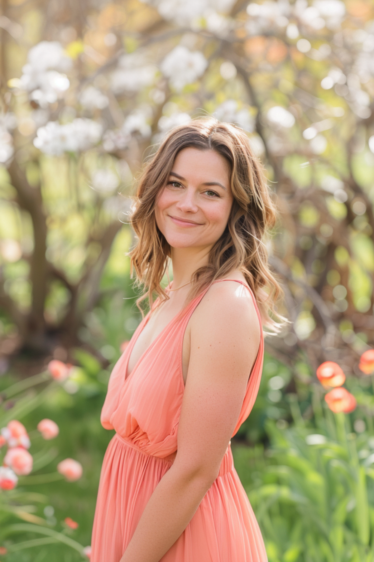 Woman wearing a coral pink spring maxi dress with a sleeveless design, standing in a blooming garden