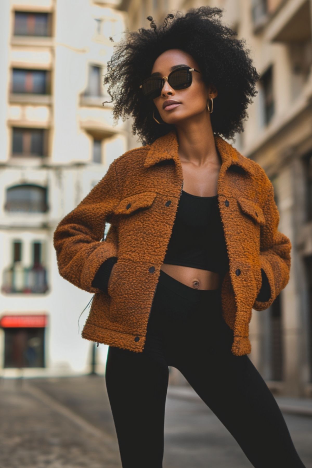 Woman wearing black leggings with a cropped top and textured jacket in a modern city outfit