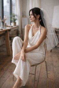 Modern bride wearing white wedding pants with a halter-style top and a short bridal veil