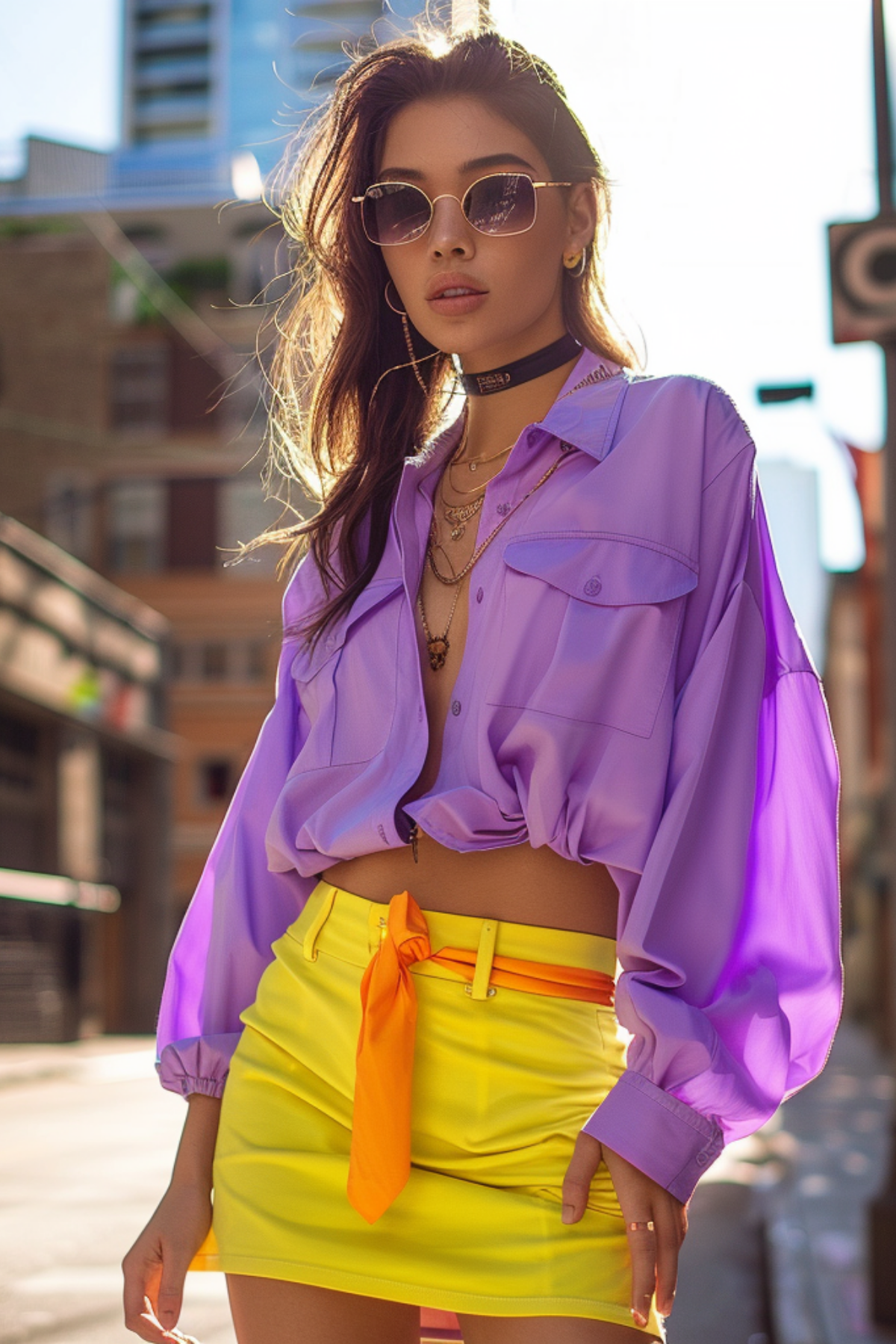 Lavender oversized button-down shirt styled with neon yellow mini skirt as a bold 2026 party outfit for women