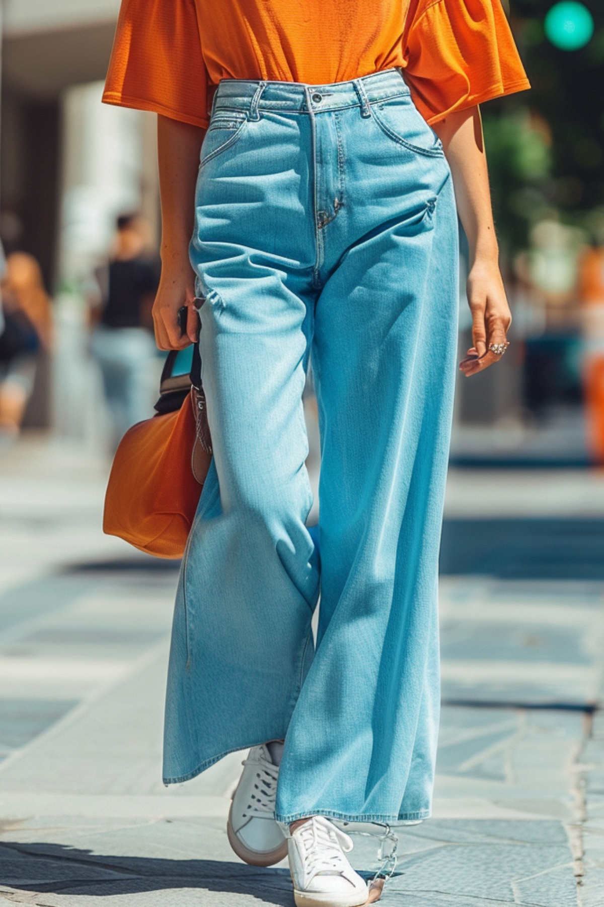 Light wash wide leg jeans styled with a bright orange summer top and white sneakers, creating a bold and casual summer outfit for women.