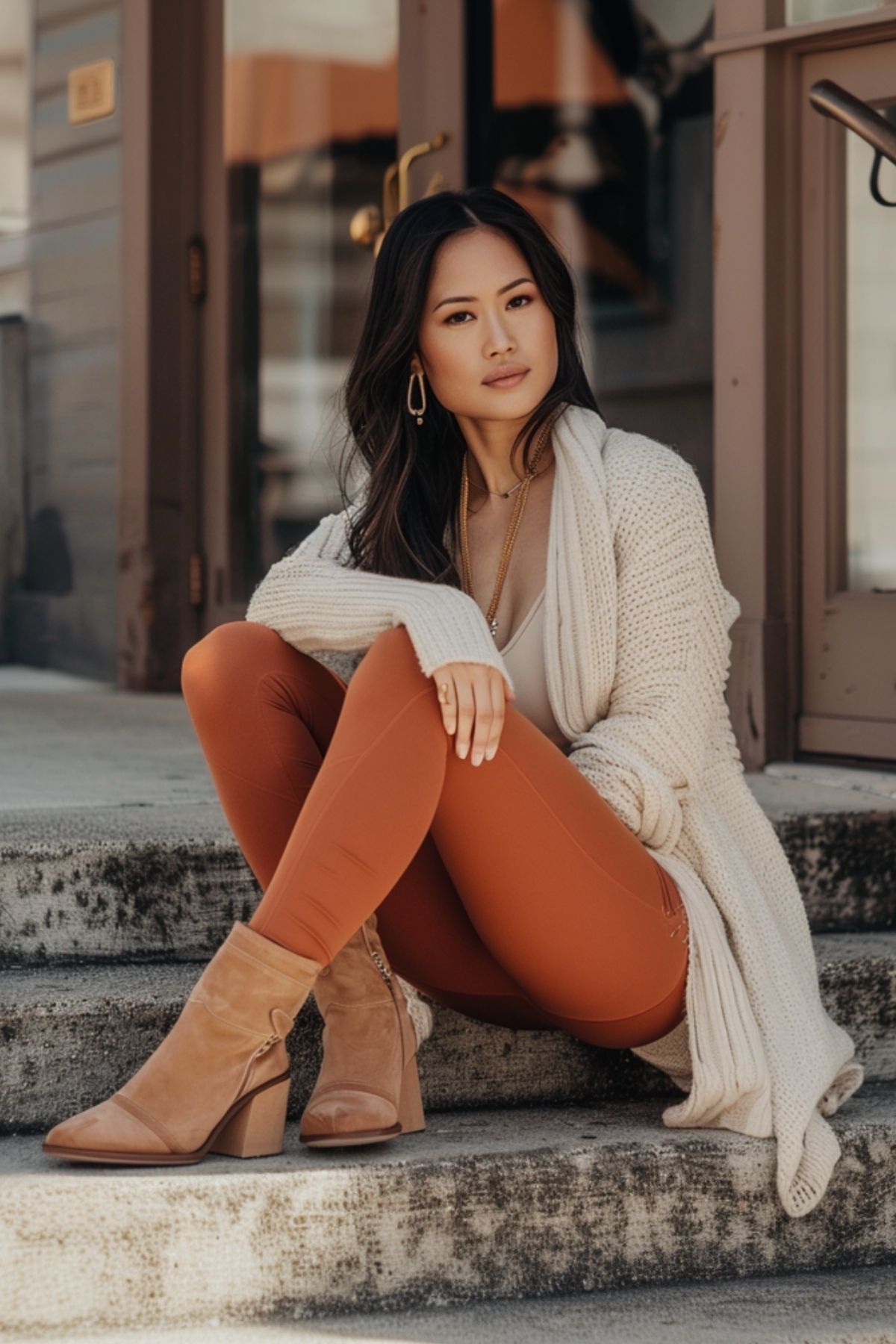 Woman wearing rust-colored leggings with a beige cardigan and ankle boots in a casual city outfit