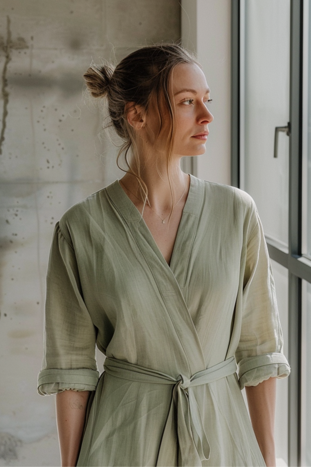 Woman wearing a sage green spring maxi dress with a wrap front and relaxed sleeves, standing by a window in natural light