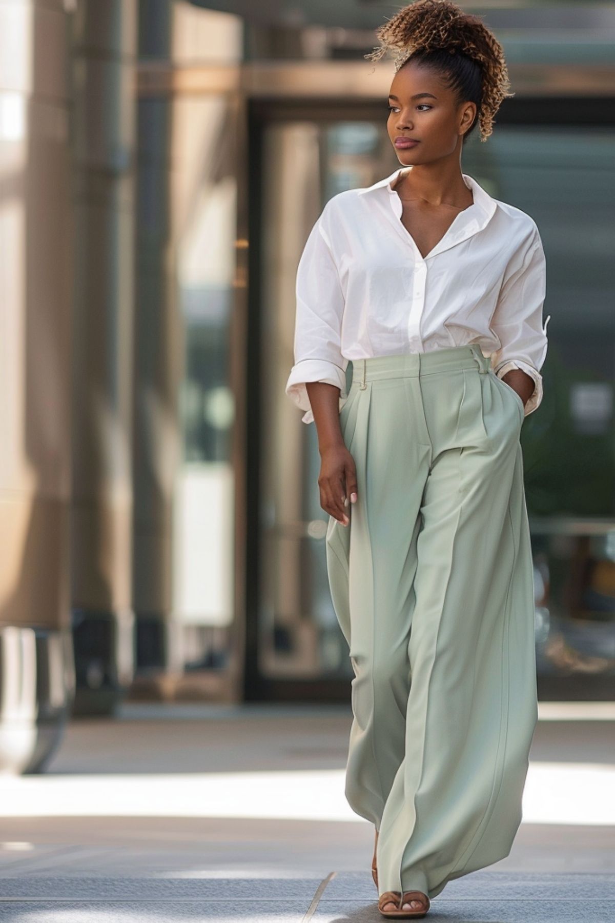 Soft green wide-leg trousers styled with a white blouse for a relaxed, elegant work outfit