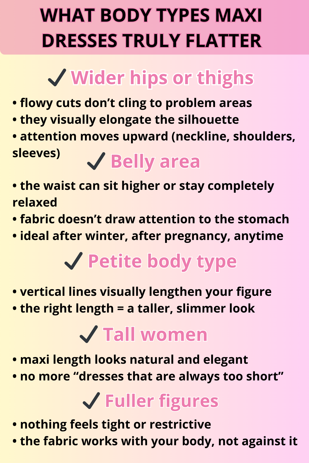 Infographic showing which body types maxi dresses flatter, including wider hips, belly area, petite figures, tall women, and fuller body types