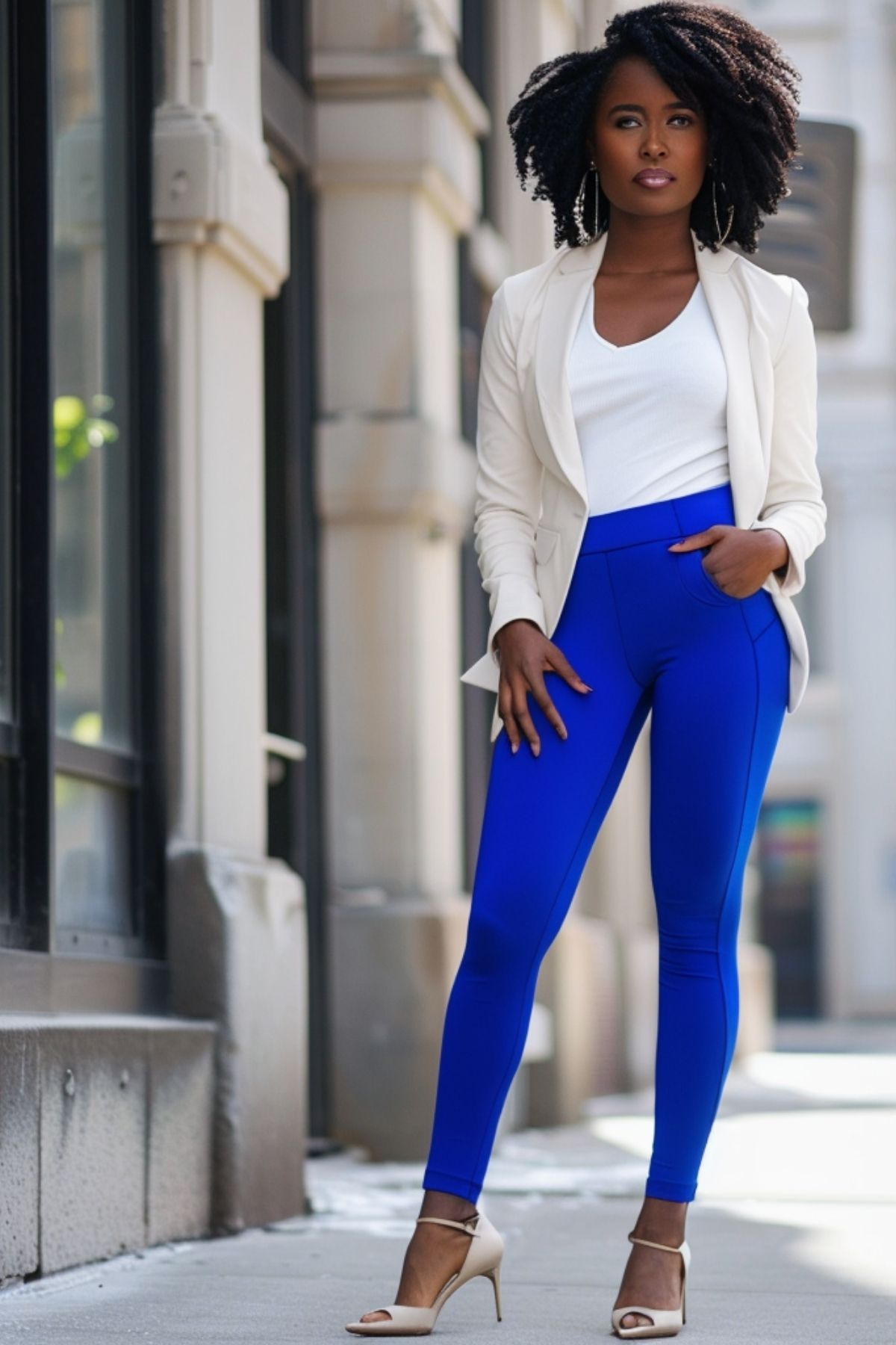 Woman wearing royal blue leggings with a white blazer and white top in an elegant city outfit