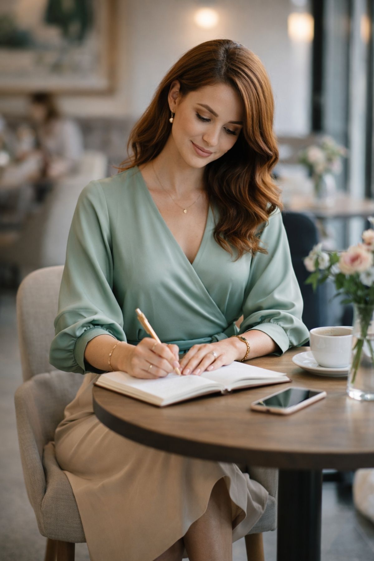 Soft green wrap blouse styled with a beige skirt for a calm, feminine work outfit
