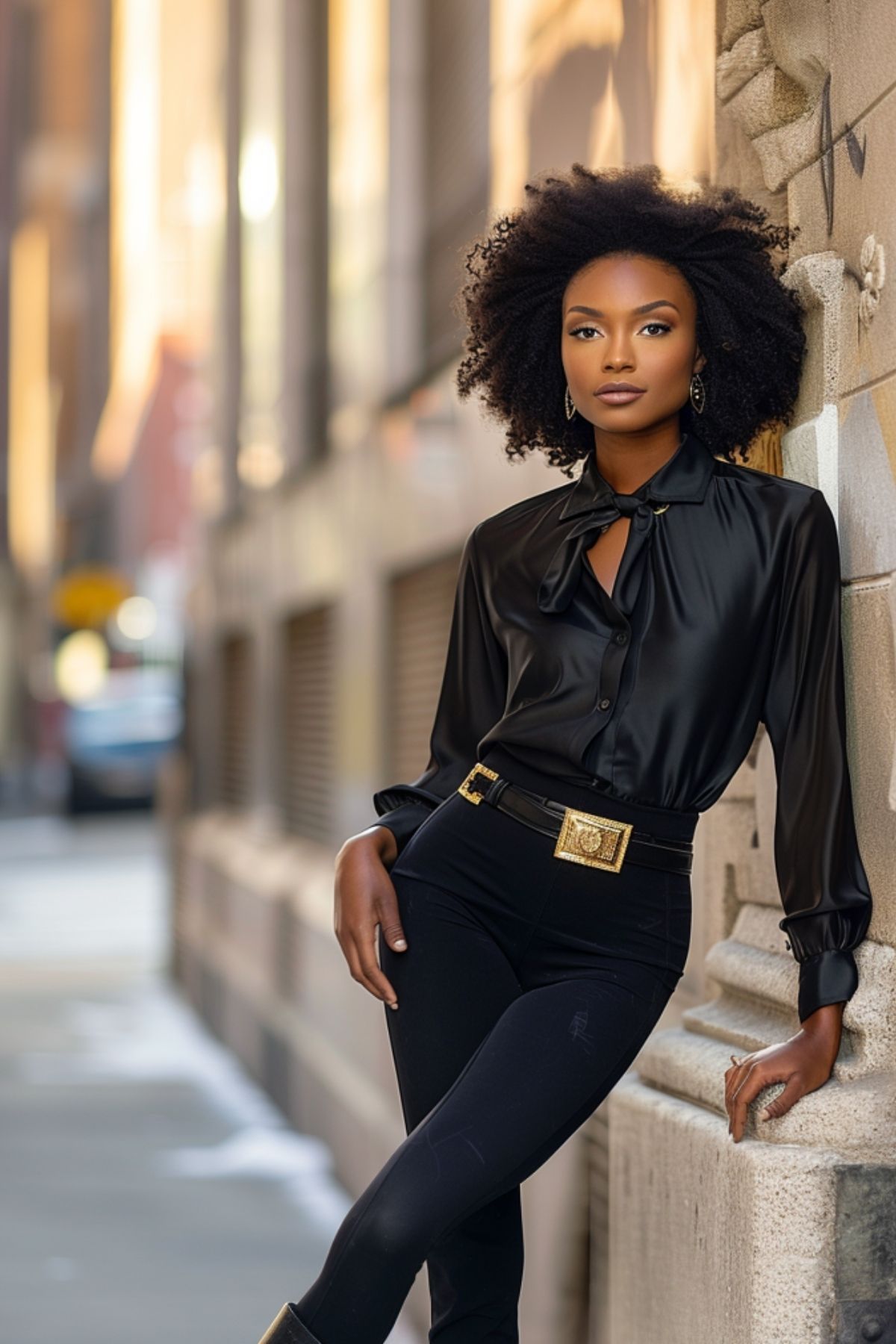 Woman wearing black leggings with a black satin blouse and belt in an elegant city outfit