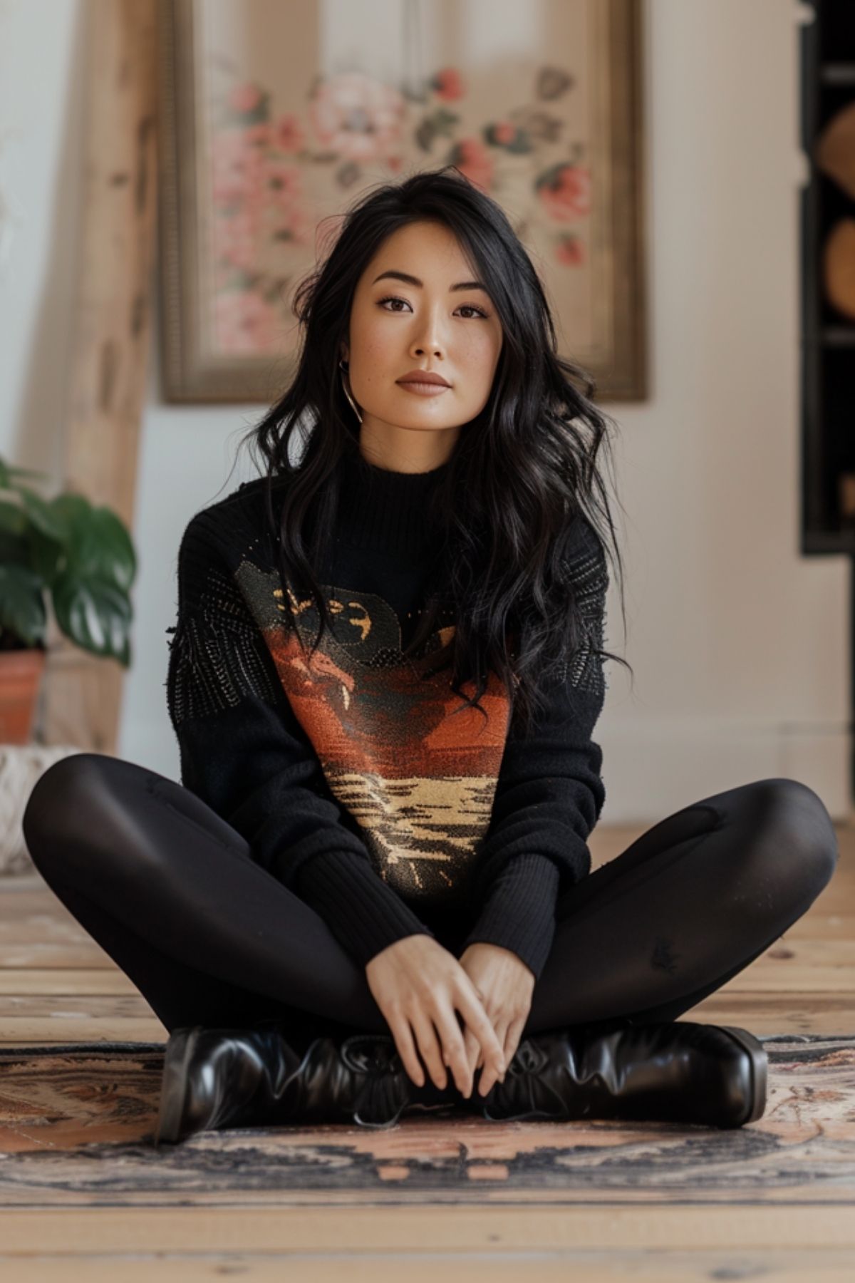 Woman wearing black leggings with a patterned sweater sitting on the floor in a cozy home interior