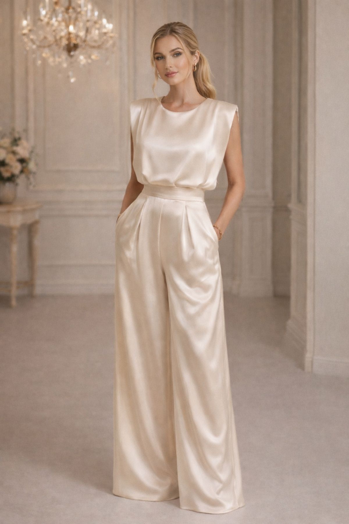 Champagne-colored wide-leg pants outfit for an elegant wedding guest look