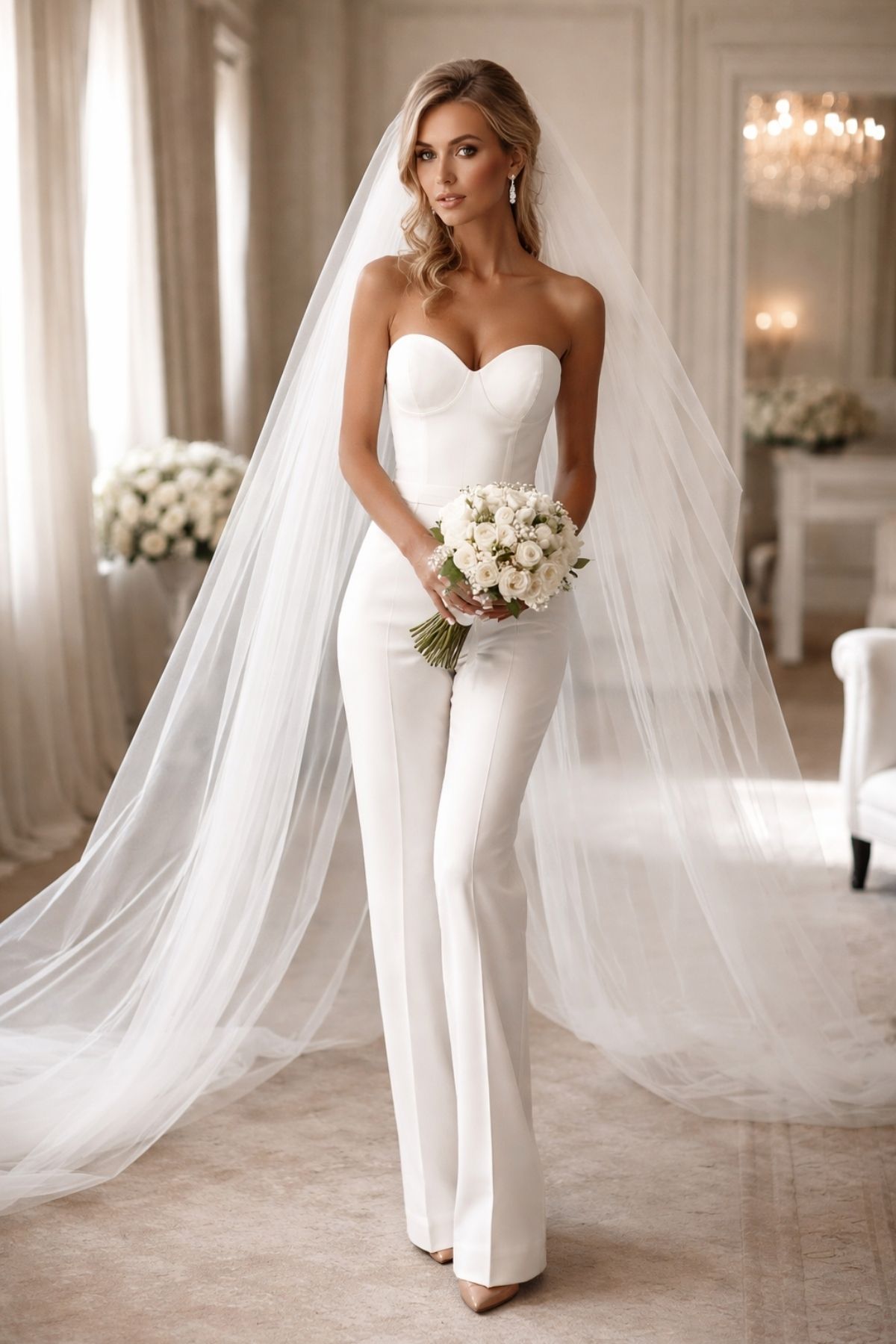 Bride wearing minimalist white wedding pants with a strapless corset-style top and a long flowing veil