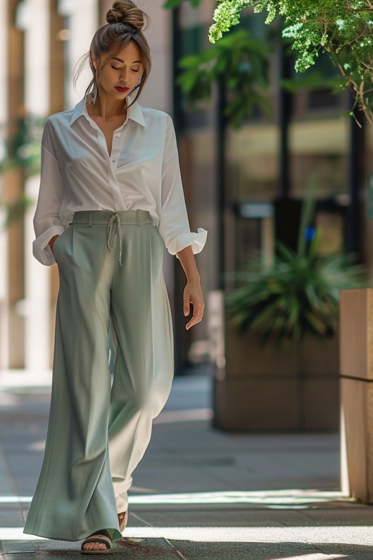 Soft green wide-leg trousers styled with a white blouse for a modern, elegant work outfit
