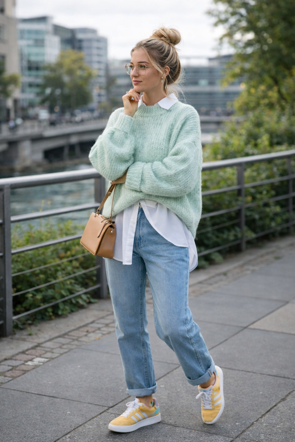Woman wearing a mint green knit sweater layered over a white shirt with relaxed blue jeans and yellow sneakers, styled as a casual pastel spring outfit for 2026.