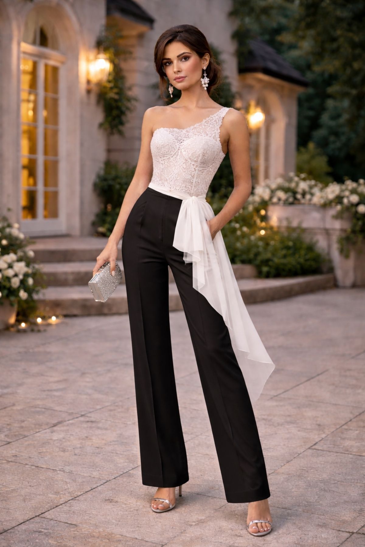 Black pants with lace one-shoulder top as a modern wedding guest outfit