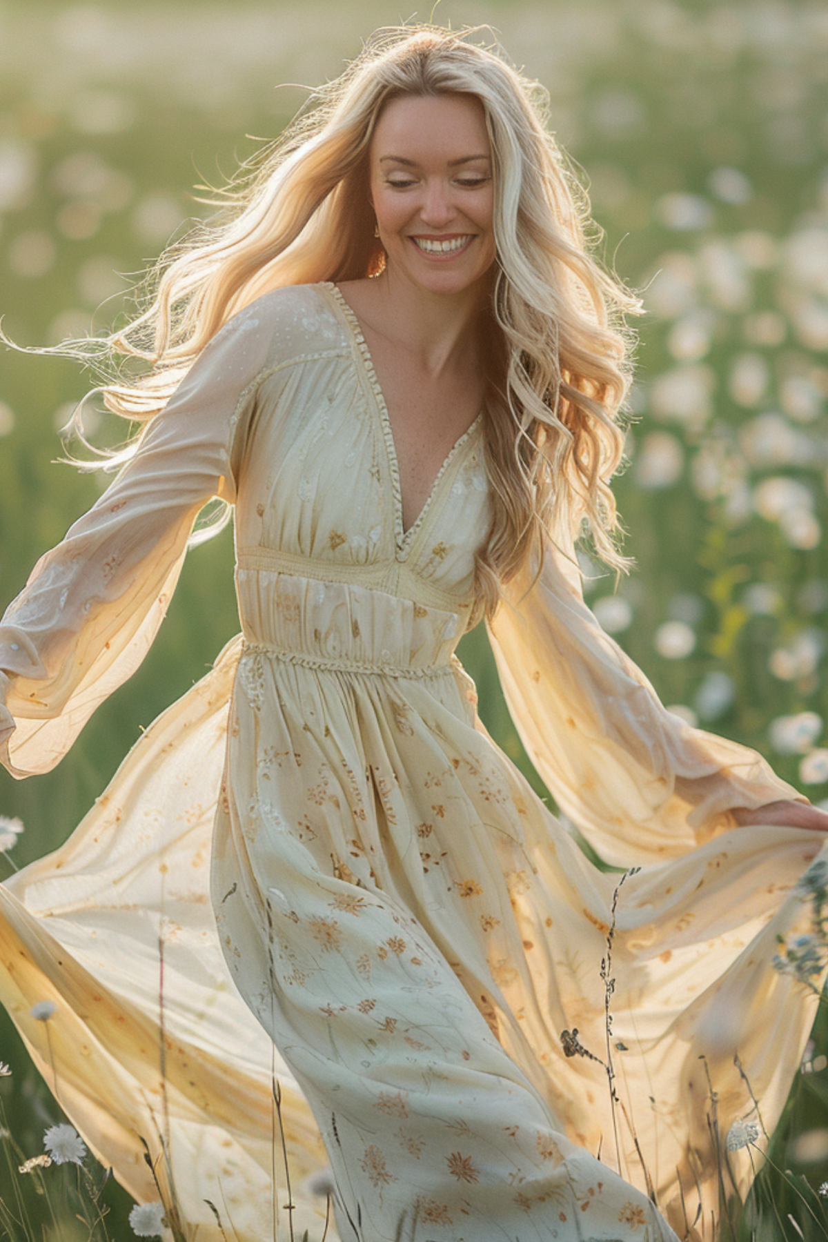 Woman wearing a soft cream spring maxi dress with long sheer sleeves, styled in a blooming meadow