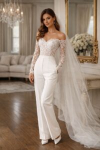 Bride wearing elegant white wedding pants paired with an off-the-shoulder lace bridal top and a long veil
