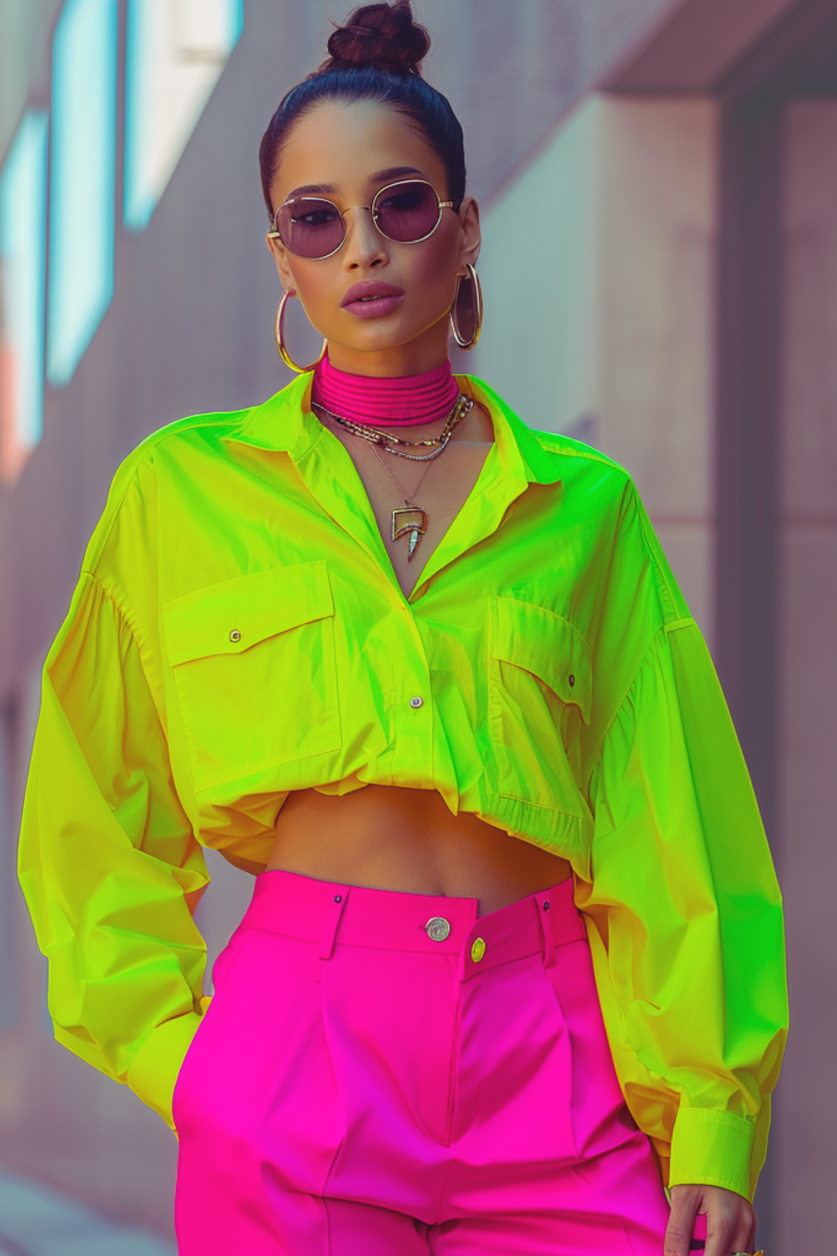 Neon lime oversized shirt with hot pink high-waisted pants styled as a bold 2026 party outfit for confident women