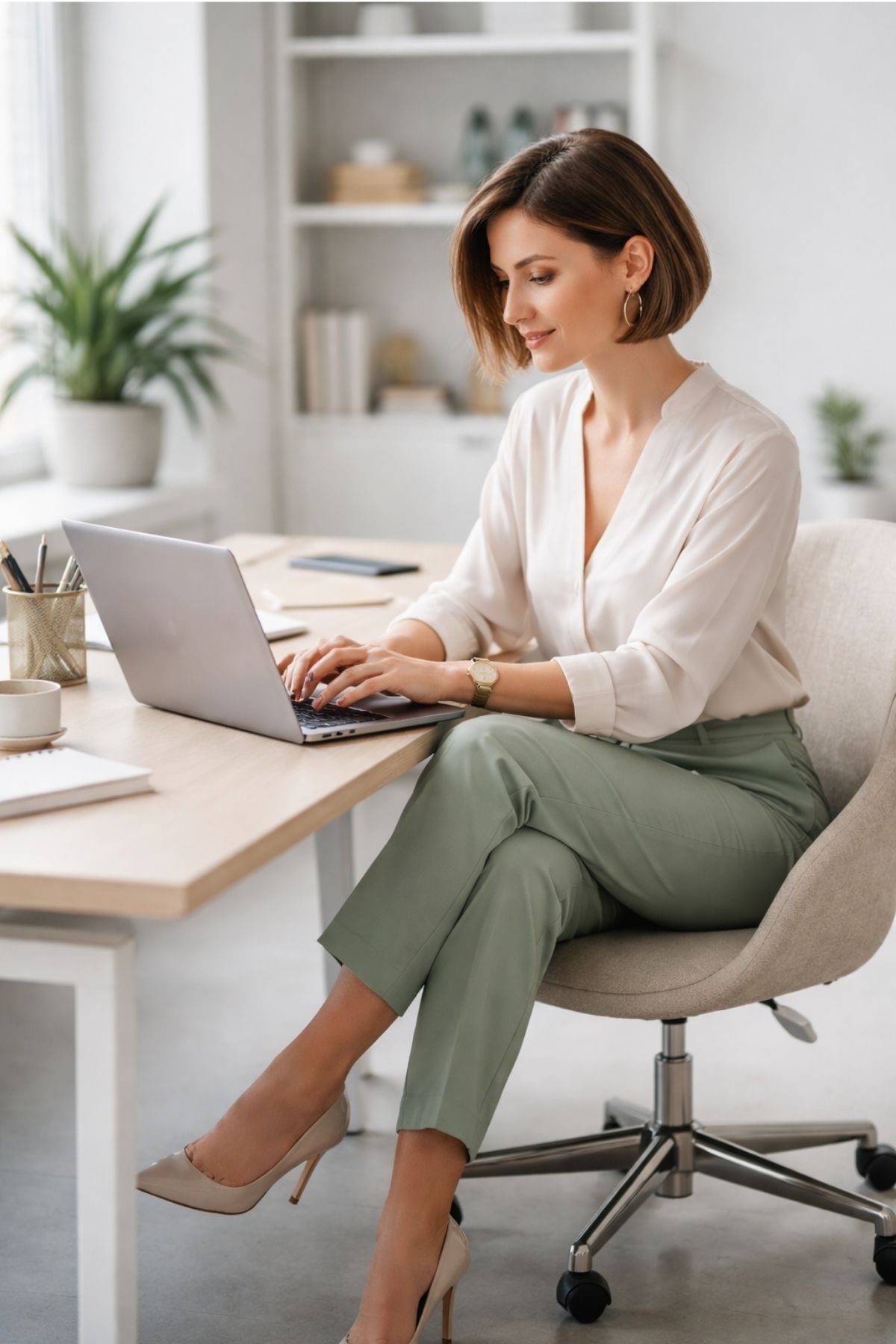 Soft green work trousers styled with a white blouse for a calm, professional office outfit