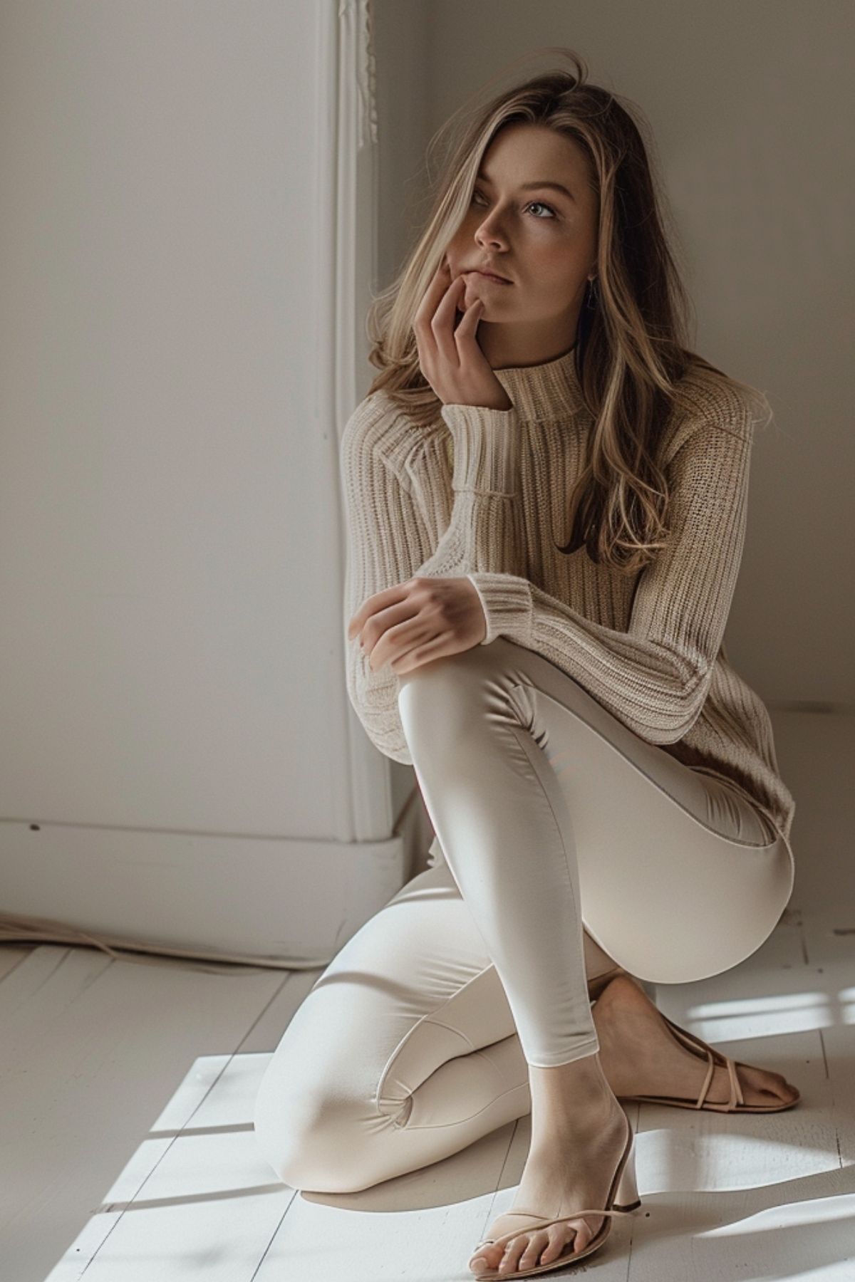 Woman wearing light beige leggings with a knit sweater in a minimal home interior