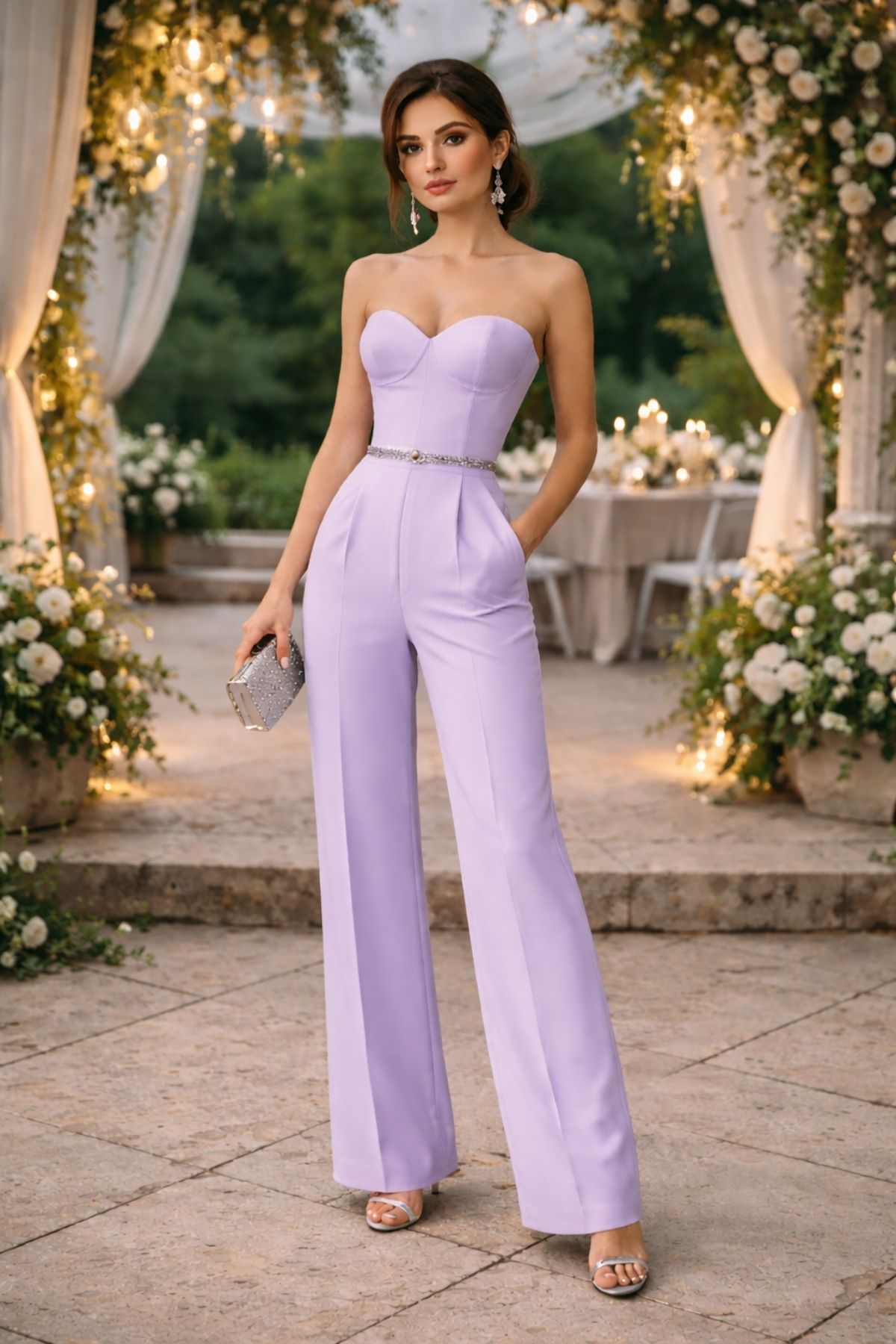 Lavender wide-leg pants outfit for a romantic wedding guest look