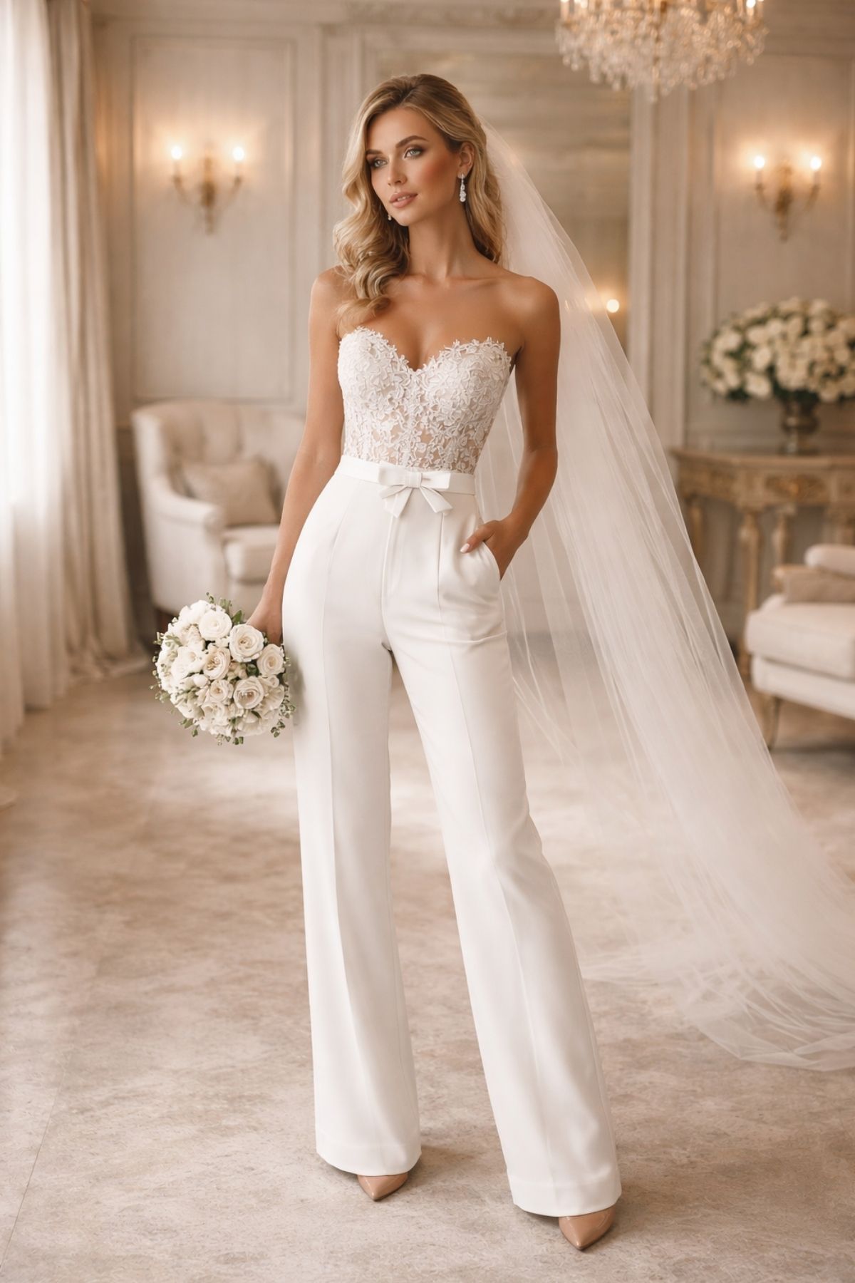 Bride wearing white wedding pants with a lace strapless bodice, fitted waist bow, and a soft bridal veil