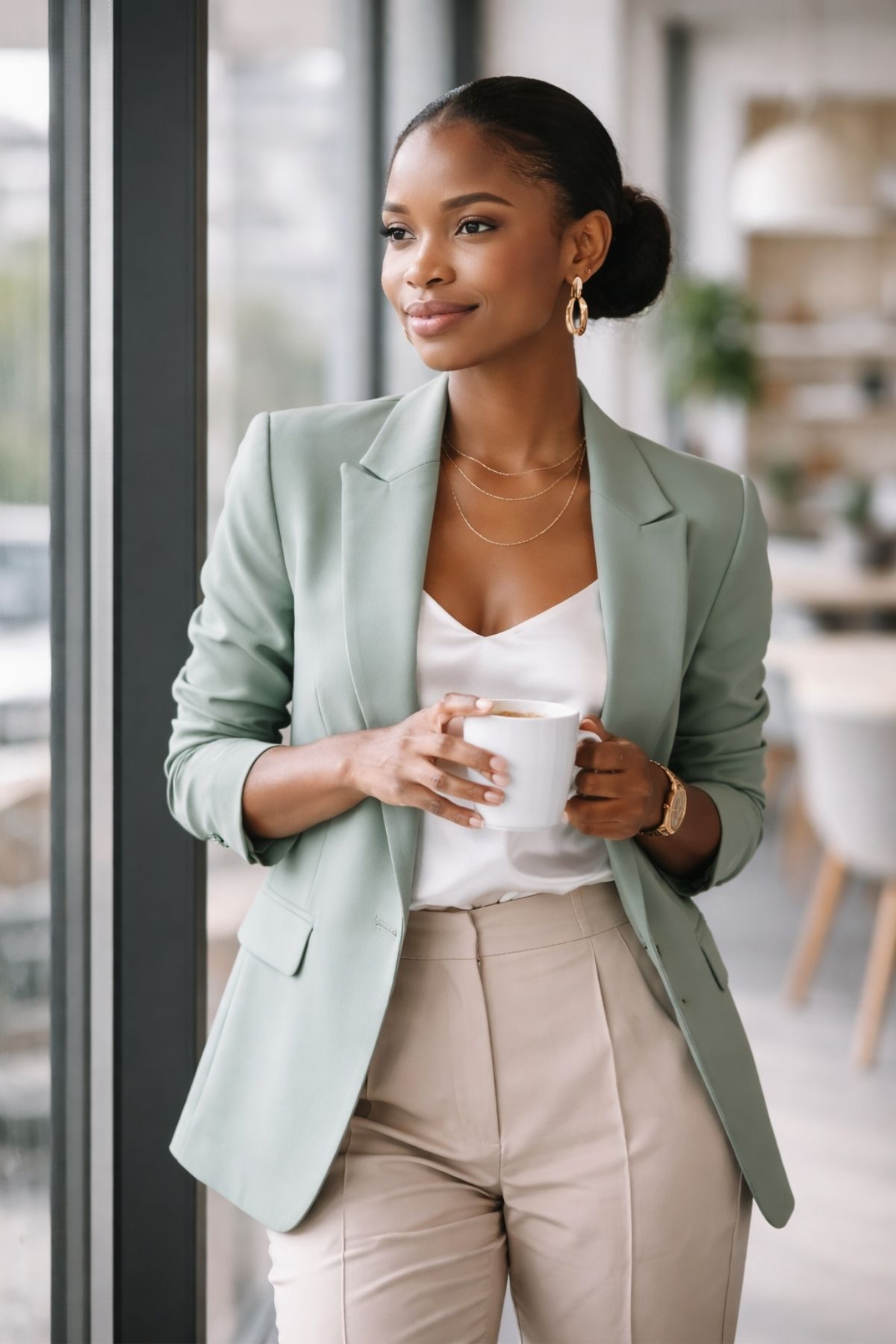 Soft green blazer paired with beige trousers for a refined, professional work outfit