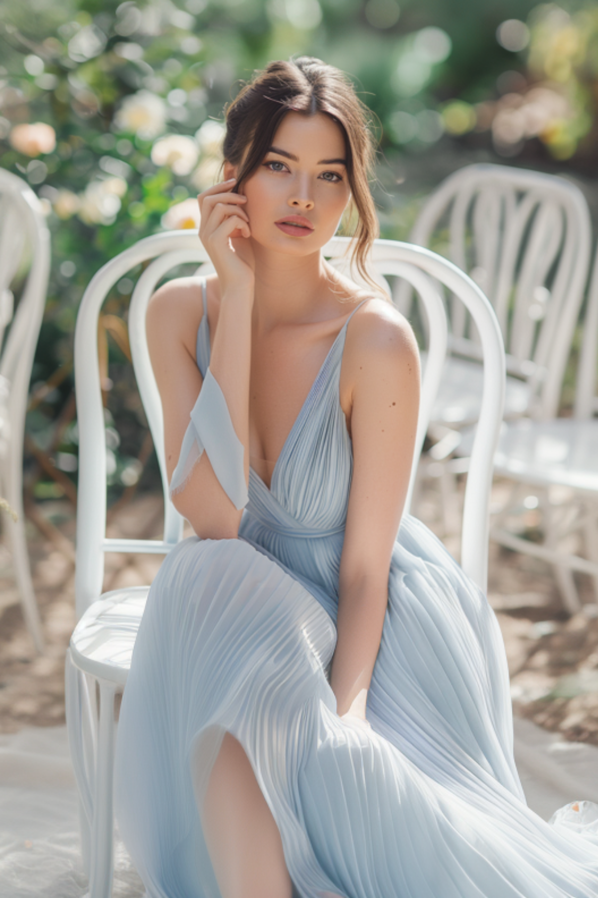 Woman sitting on a white chair wearing a light blue pleated midi dress at an outdoor garden wedding setting.