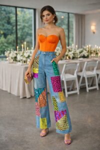 Extravagant wedding guest outfit with patchwork jeans and orange corset top