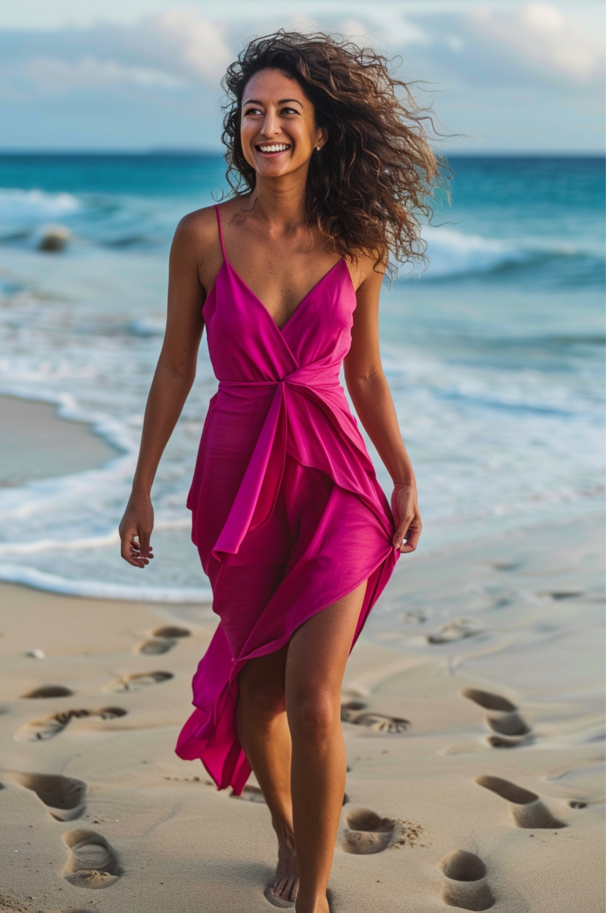 Woman wearing fuchsia beach wedding guest dress walking barefoot along the shoreline during summer seaside wedding.